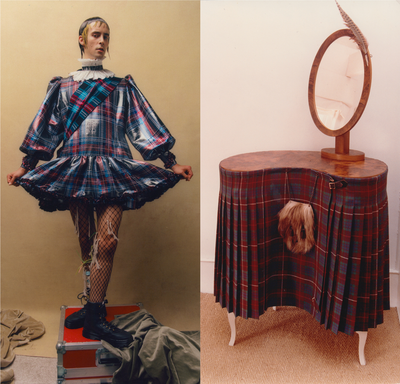 The V&A Dundee’s new exhibition tells the history of tartan through 300 objects, including a dress from Scottish designer Charles Jeffrey Loverboy’s 2022 spring collection, left, and a table dressed with a kilt.