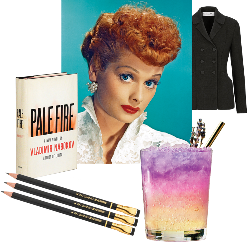 Clockwise from top left: Pale Fire, by Vladimir Nabokov; Lucille Ball; a Dior Bar jacket; an Empress-gin cocktail; Blackwing Palomino pencils.