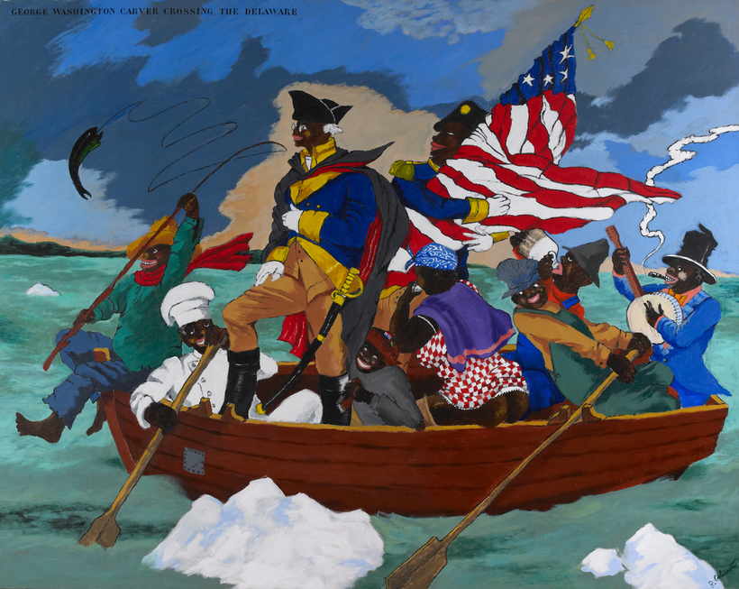 George Washington Carver Crossing the Delaware: Page from an American History Textbook (1975) is the centerpiece of the first large-scale retrospective of Robert Colescott’s work since his death.