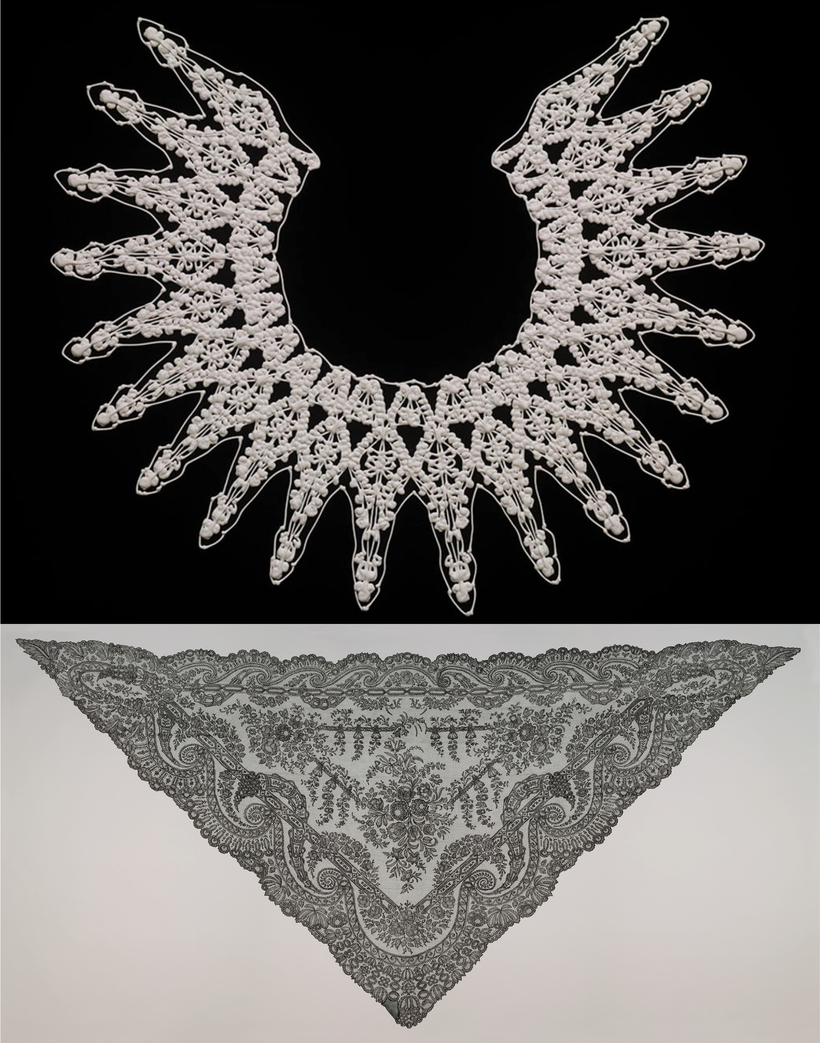 A Jakob Schlaepfer lace collar from 2021 (top) and a Chantilly-lace shawl from 1860 (above) are on display in “Threads of Power” at the Bard Graduate Center, in New York.