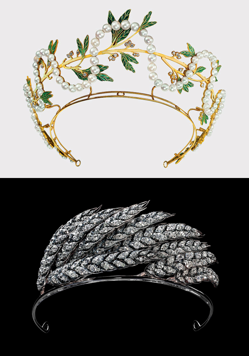 Top, an Art Nouveau tiara designed by René Lalique in 1903, on view at Schmuckmuseum Pforzheim, in Germany; above, a Chaumet wheat-sheaf tiara designed in 1811 for Napoleon’s second wife, on view at the Beaux-Arts de Paris.