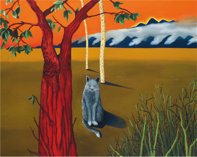 Joan Brown’s Grey Cat with Madrone and Birch Trees (1968) is on view as part of the San Francisco Museum of Modern Art’s retrospective of her work.