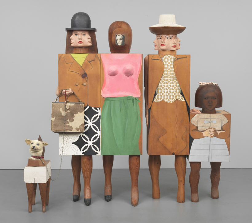 “Marisol: A Retrospective,” on now at the Montreal Museum of Fine Arts, is the largest-ever exhibition of Marisol Escobar’s work. Among the many cheeky pieces on view is Women and Dog, 1963–64.