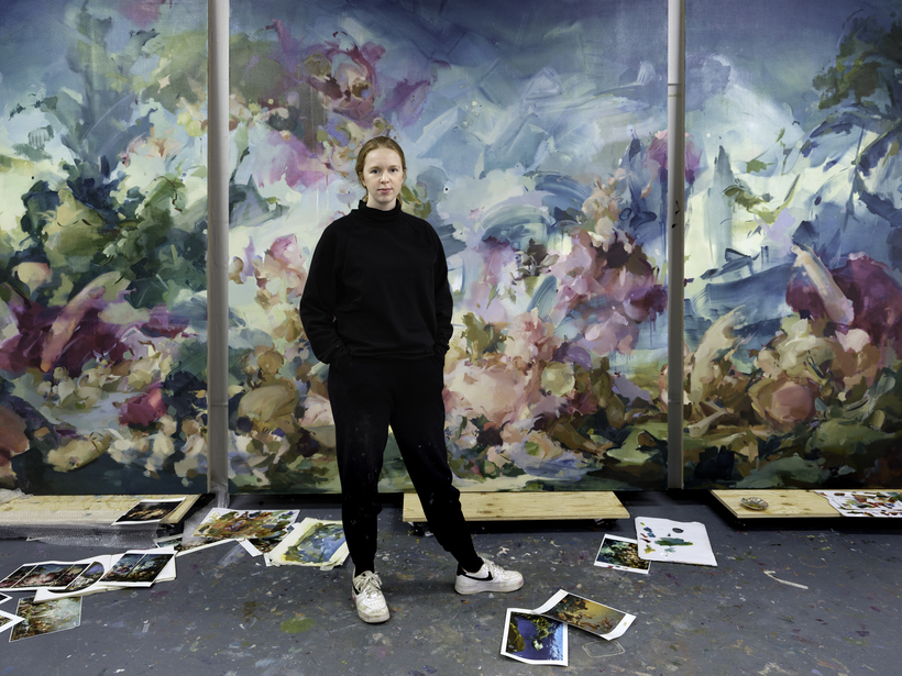 The artist Flora Yukhnovich at her studio, in London.