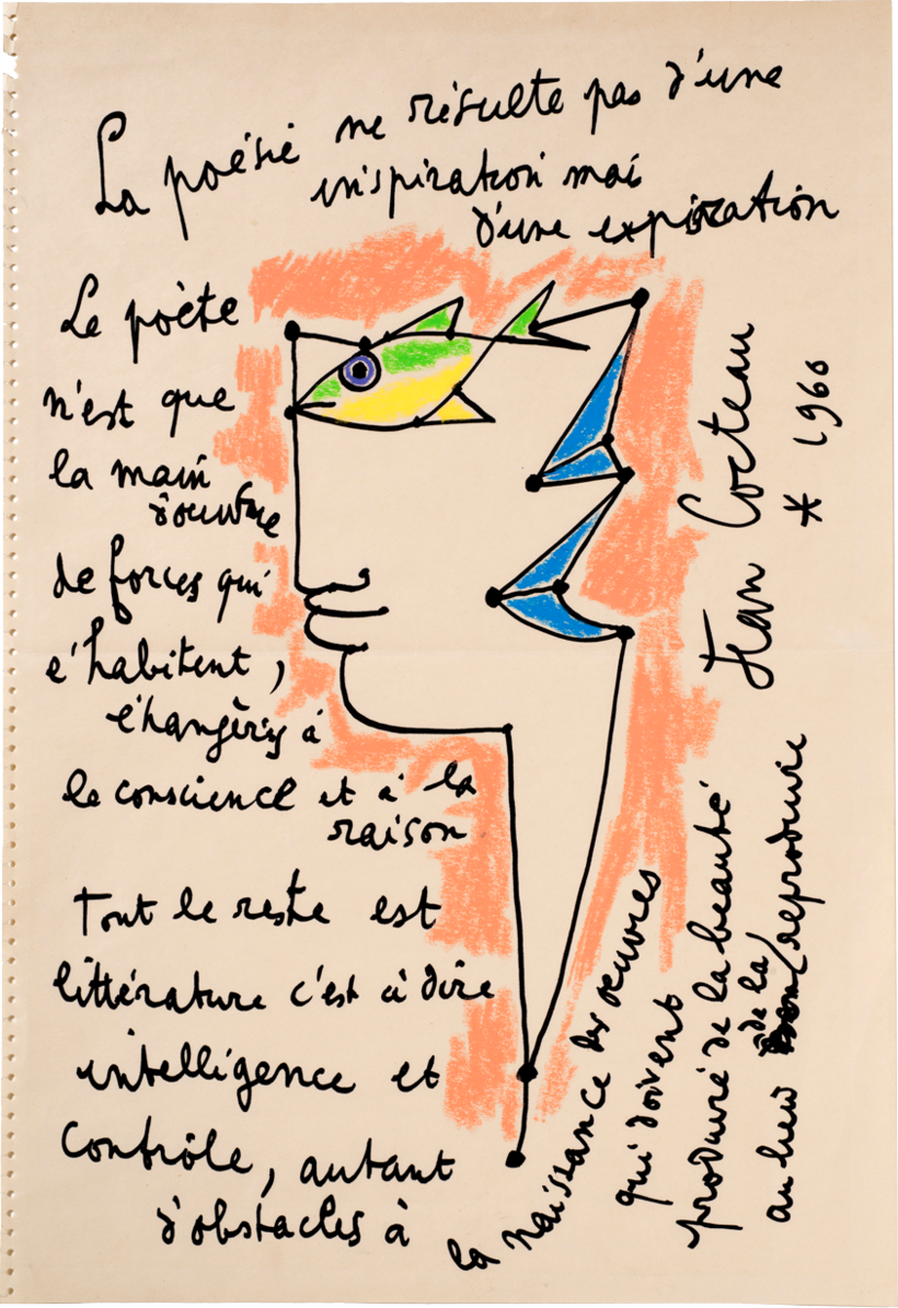 A drawing and poetry from one of Jean Cocteau’s journals, 1960.