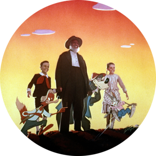 Shown from left: Br’er Fox (voice: James Baskett), Bobby Driscoll (as Johnny), James Baskett (as Uncle Remus), Br’er Bear (voice: Nicodemus Stewart), Luana Patten (as Ginny), Br’er Rabbit (voice: Johnny Lee) in Song of the South (1946).