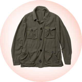 A cotton safari jacket in olive green.